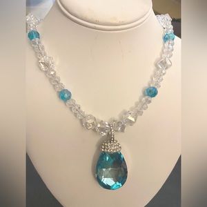 Crystal Beaded Aqua Pendant Necklace